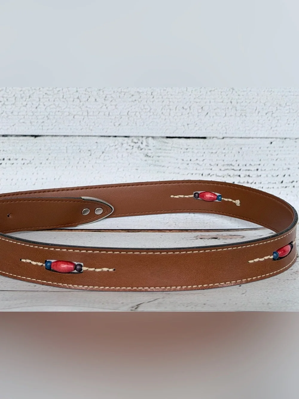 Vintage Western Brown Leather Belt Horseshoe Silver Buckle Boho Beaded Inlay